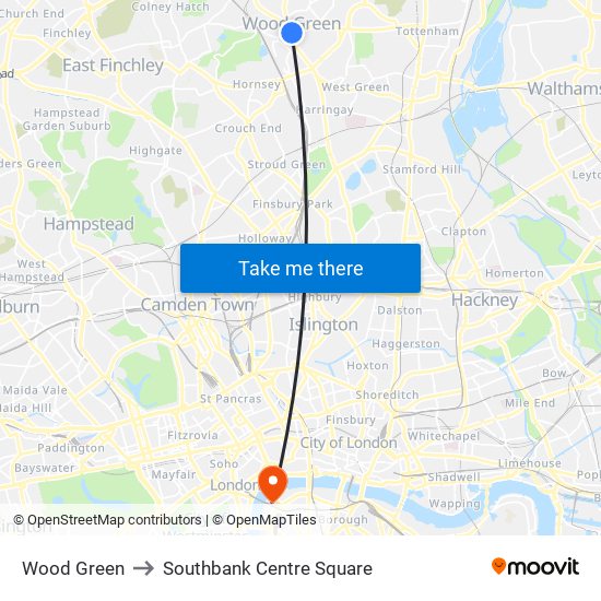 Wood Green to Southbank Centre Square map