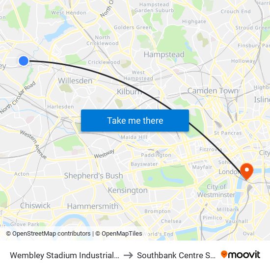 Wembley Stadium Industrial Estate to Southbank Centre Square map