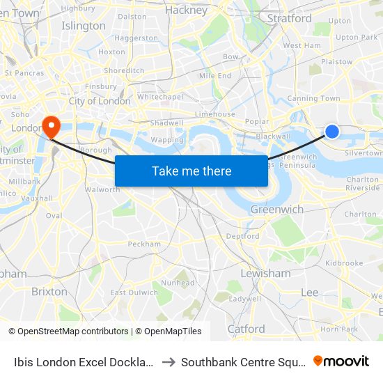 Ibis London Excel Docklands to Southbank Centre Square map