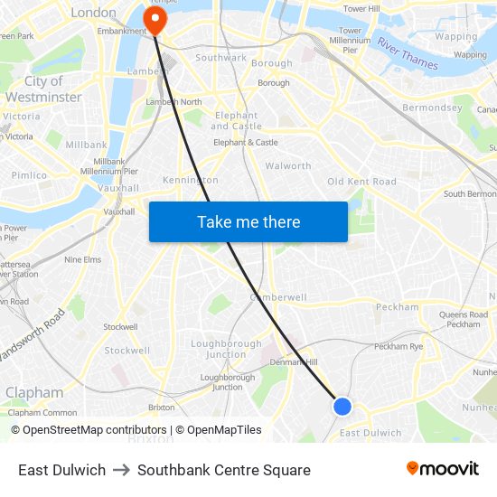 East Dulwich to Southbank Centre Square map