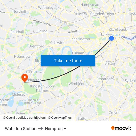 Waterloo Station to Hampton Hill map
