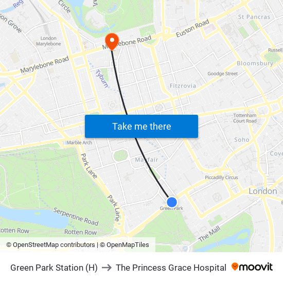 Green Park Station (H) to The Princess Grace Hospital map