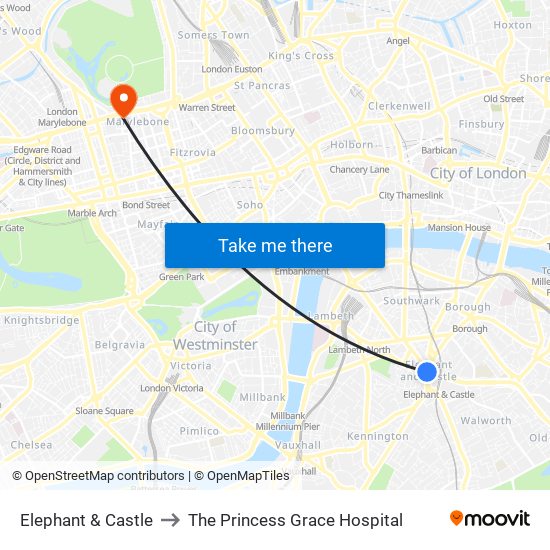 Elephant & Castle to The Princess Grace Hospital map