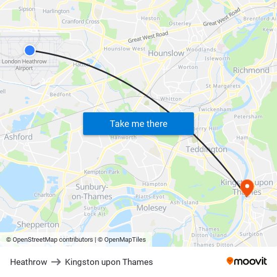 Heathrow to Kingston upon Thames map