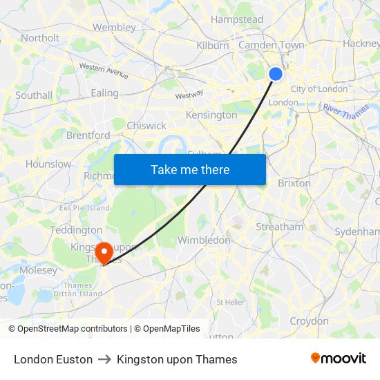 London Euston to Kingston upon Thames map