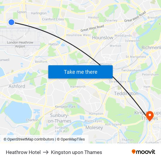 Heathrow Hotel to Kingston upon Thames map