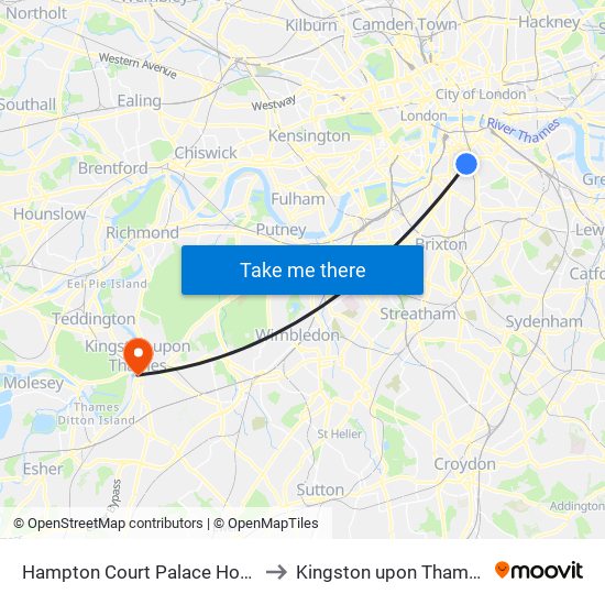 Hampton Court Palace Hotel to Kingston upon Thames map