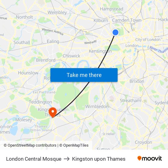 London Central Mosque to Kingston upon Thames map