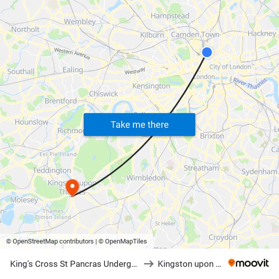 King's Cross St Pancras Underground Station to Kingston upon Thames map
