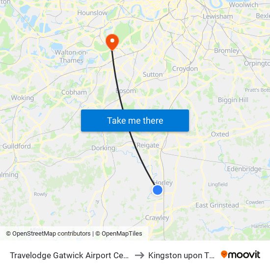 Travelodge Gatwick Airport Central Hotel to Kingston upon Thames map