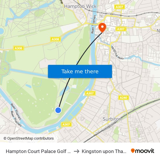 Hampton Court Palace Golf Club to Kingston upon Thames map