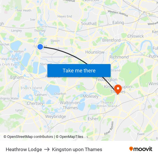 Heathrow Lodge to Kingston upon Thames map