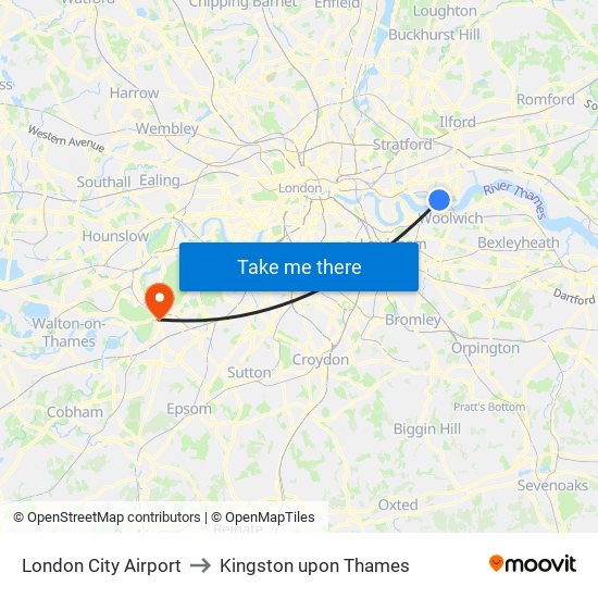 London City Airport to Kingston upon Thames map