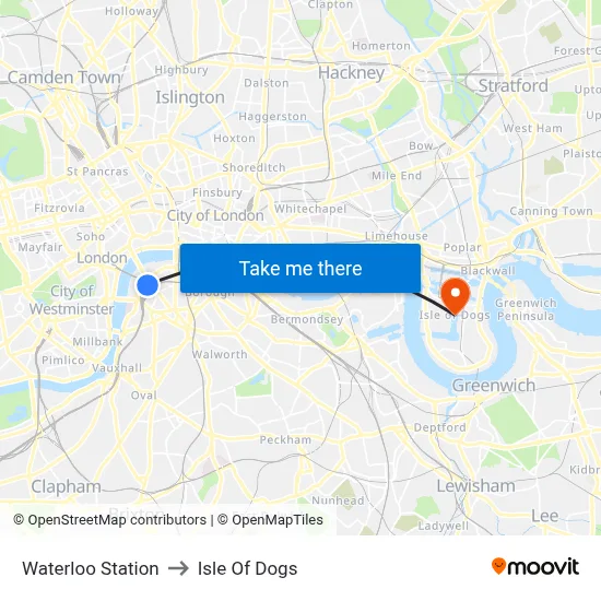 Waterloo Station to Isle Of Dogs map