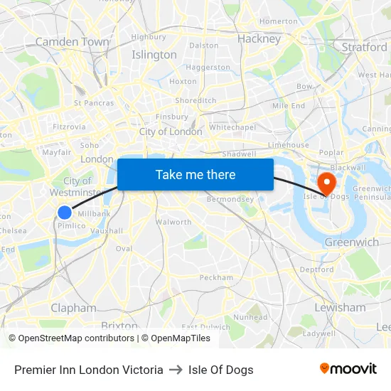 Premier Inn London Victoria to Isle Of Dogs map