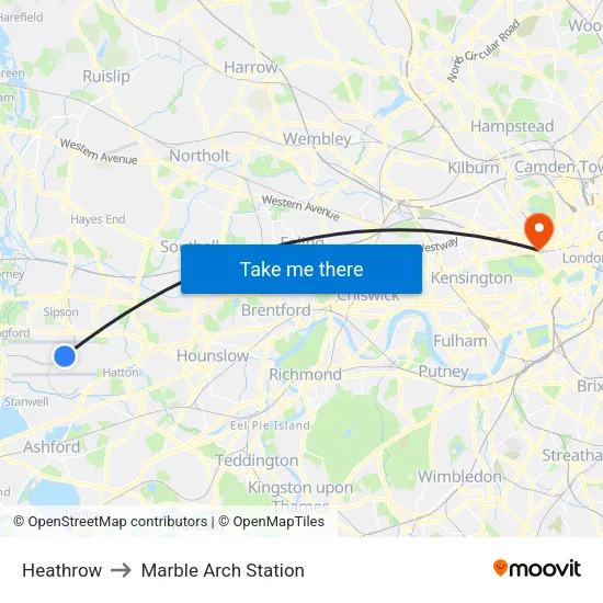 Heathrow to Marble Arch Station map