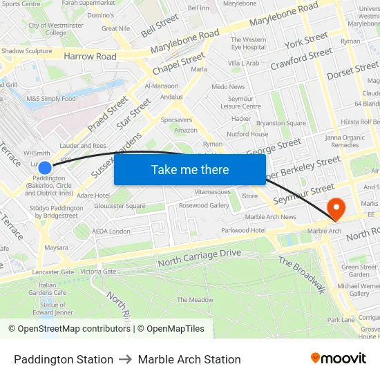 Paddington Station to Marble Arch Station map