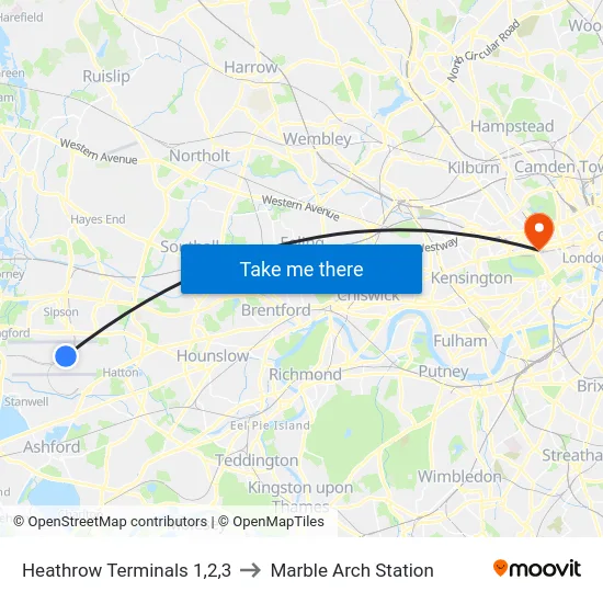 Heathrow Terminals 1,2,3 to Marble Arch Station map
