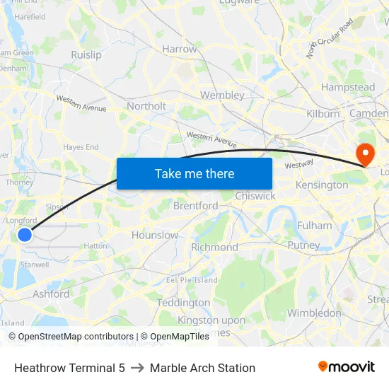 Heathrow Terminal 5 to Marble Arch Station map