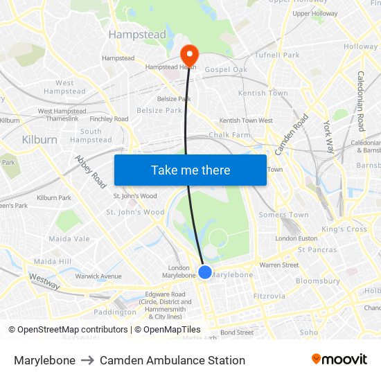 Marylebone to Camden Ambulance Station map