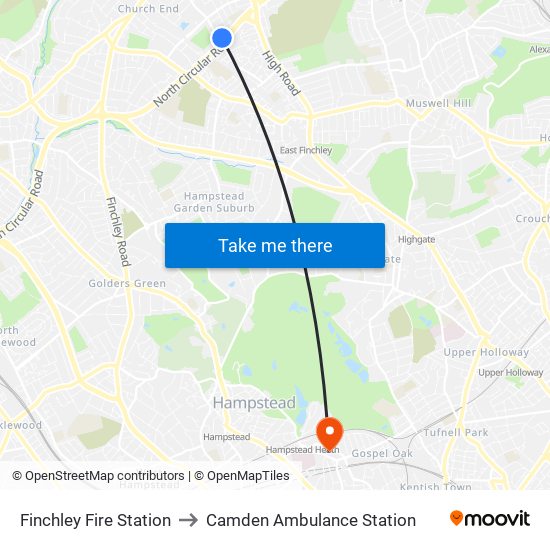Finchley Fire Station to Camden Ambulance Station map