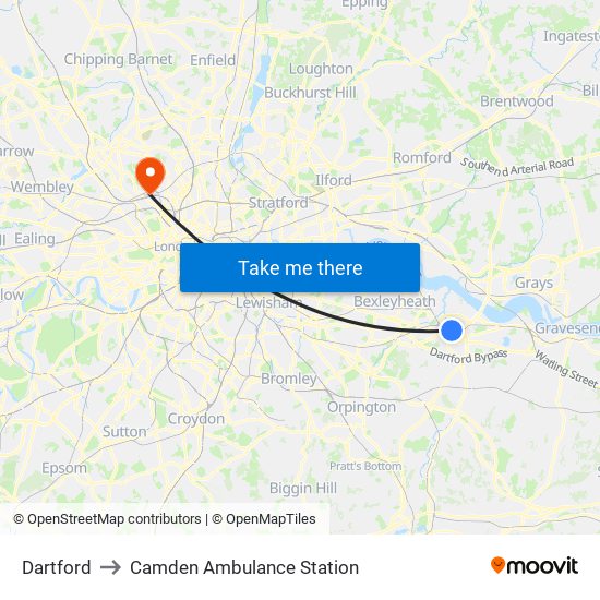 Dartford to Camden Ambulance Station map