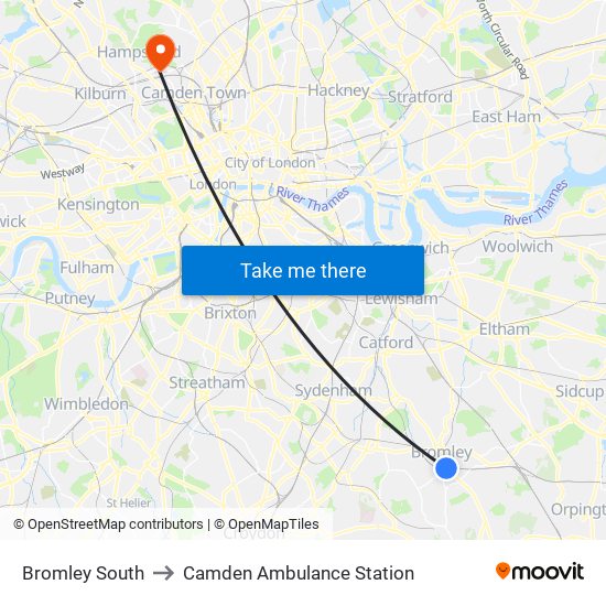 Bromley South to Camden Ambulance Station map