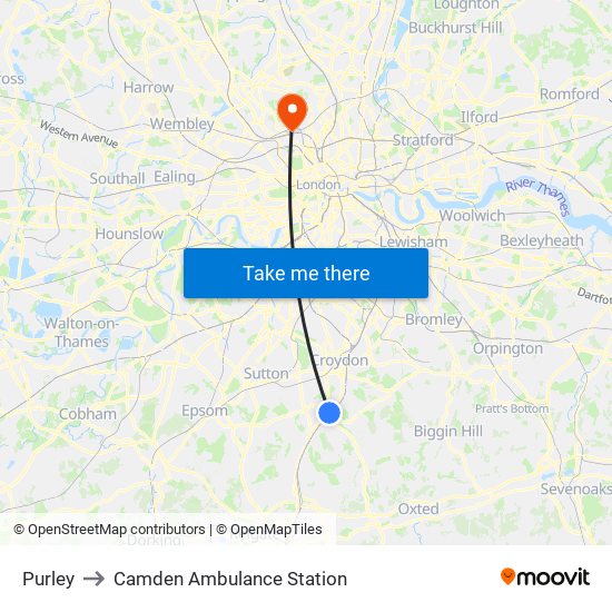 Purley to Camden Ambulance Station map