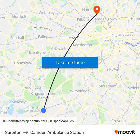 Surbiton to Camden Ambulance Station map