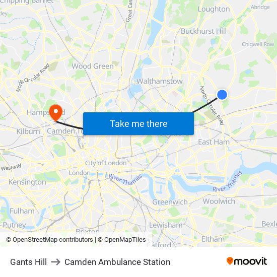 Gants Hill to Camden Ambulance Station map