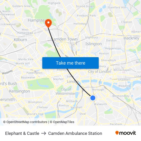 Elephant & Castle to Camden Ambulance Station map