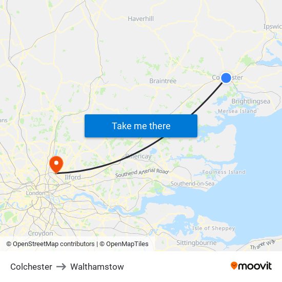 Colchester to Walthamstow map