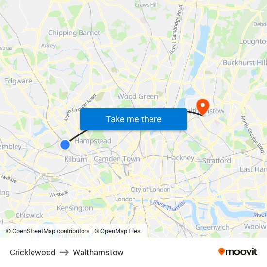 Cricklewood to Walthamstow map