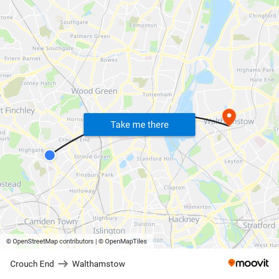 Crouch End to Walthamstow map