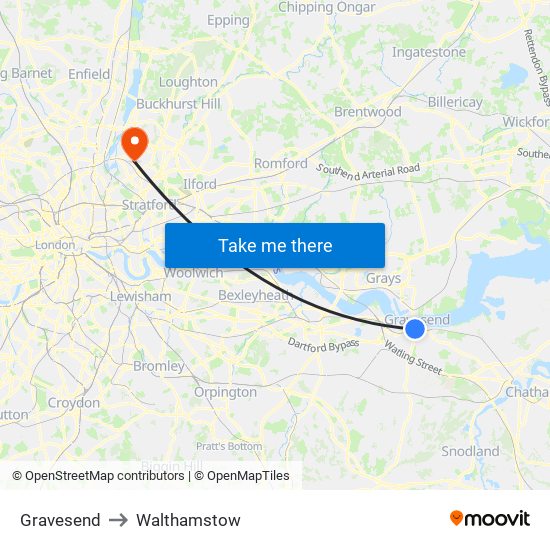Gravesend to Walthamstow map