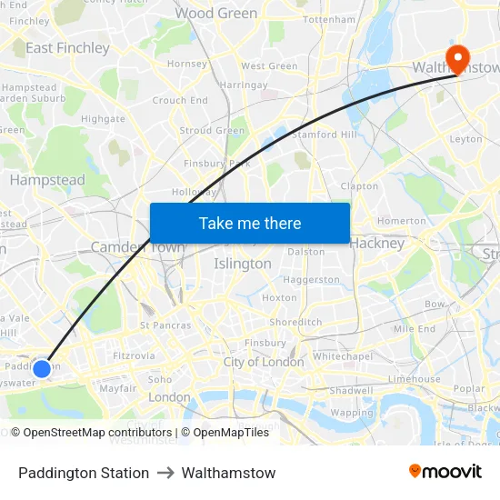 Paddington Station to Walthamstow map