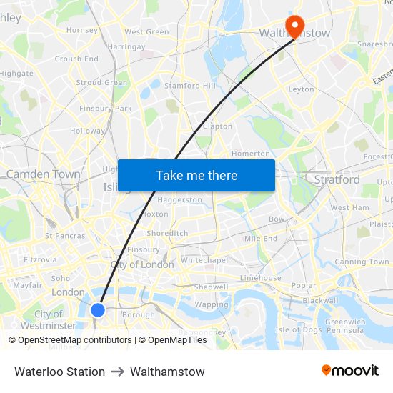 Waterloo Station to Walthamstow map