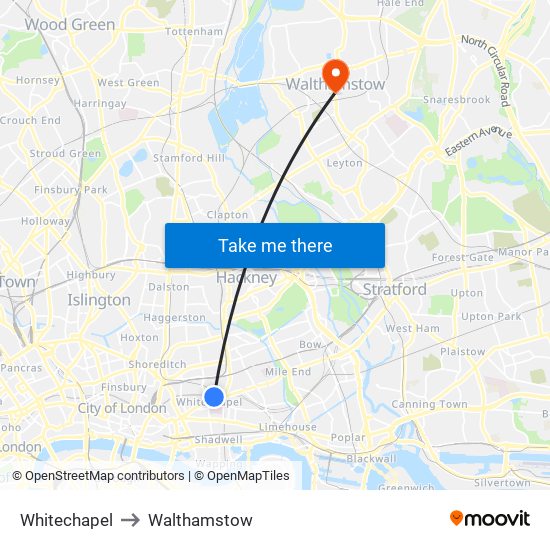 Whitechapel to Walthamstow map