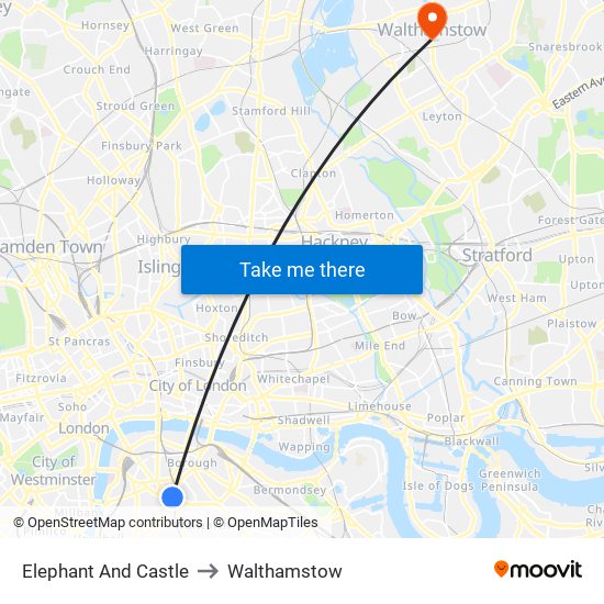 Elephant And Castle to Walthamstow map