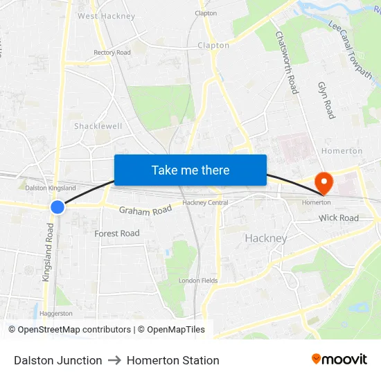 Dalston Junction to Homerton Station map