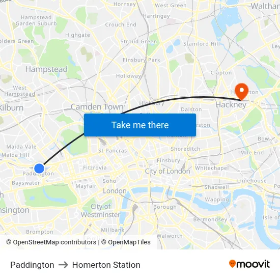 Paddington to Homerton Station map