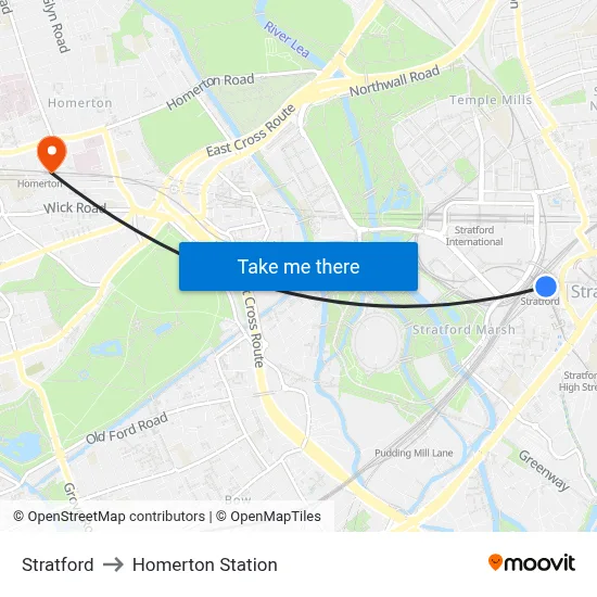 Stratford to Homerton Station map