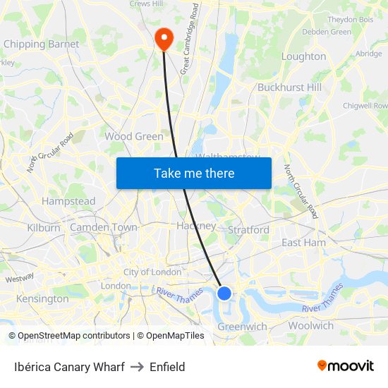 Ibérica Canary Wharf to Enfield map