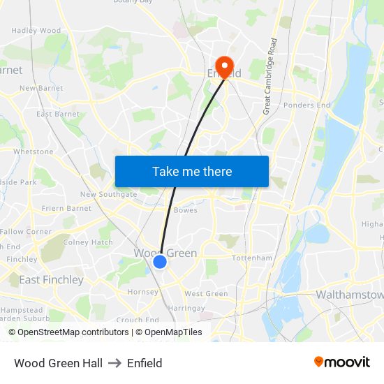 Wood Green Hall to Enfield map