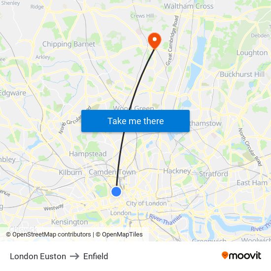 London Euston to Enfield map