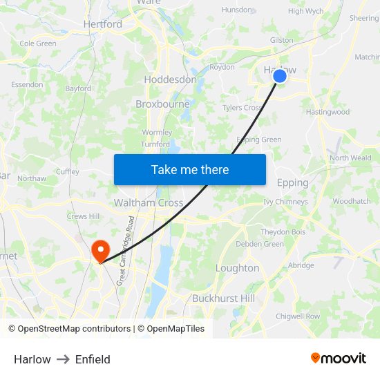 Harlow to Enfield map