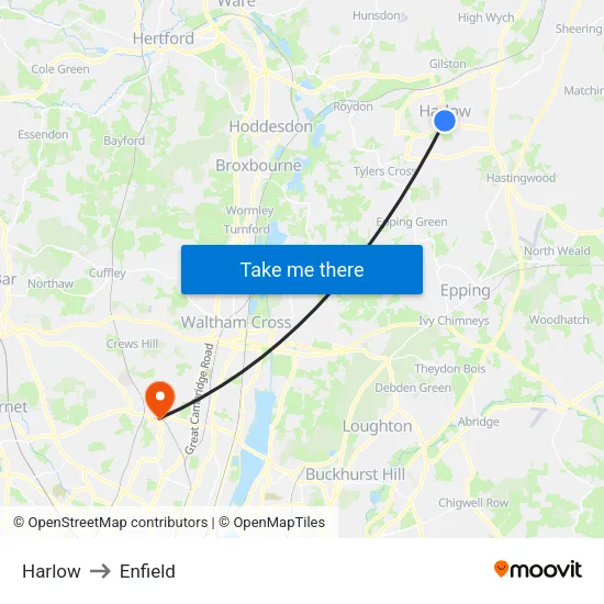 Harlow to Enfield map