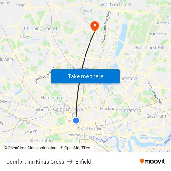 Comfort Inn Kings Cross to Enfield map