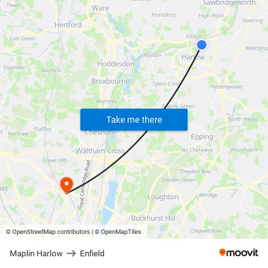 Maplin Harlow to Enfield map