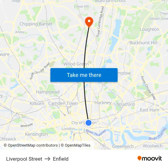 Liverpool Street to Enfield map